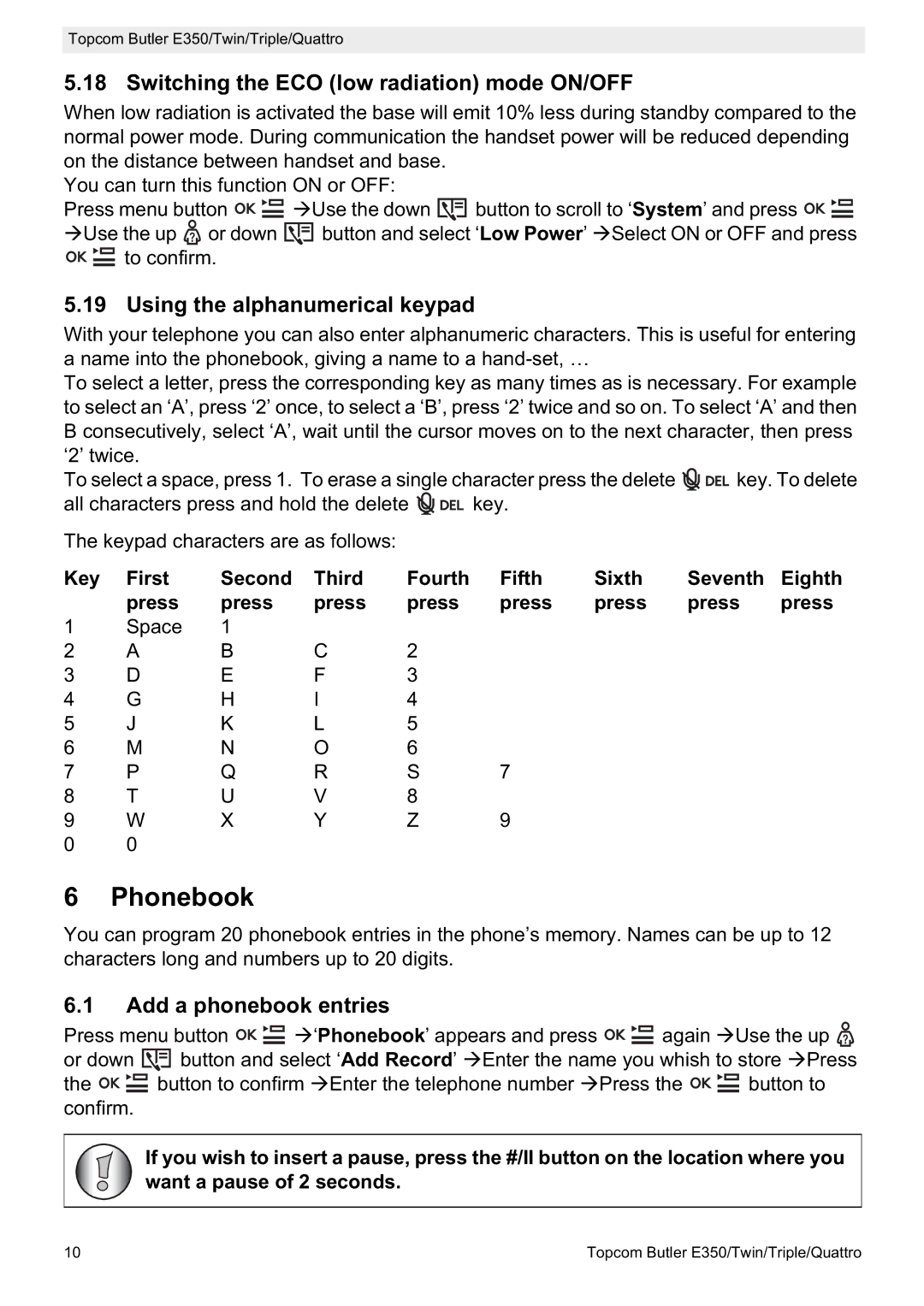 Topcom E350 manual Phonebook, Switching the ECO low radiation mode ON/OFF, Using the alphanumerical keypad 