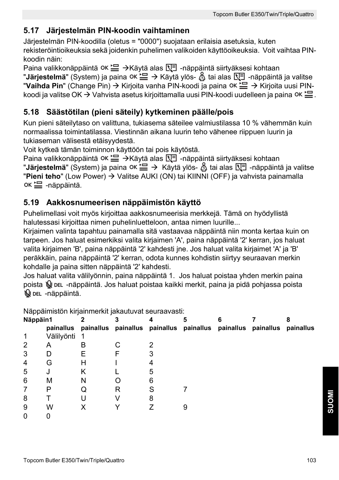 Topcom E350 manual 17 Järjestelmän PIN-koodin vaihtaminen, 18 Säästötilan pieni säteily kytkeminen päälle/pois 