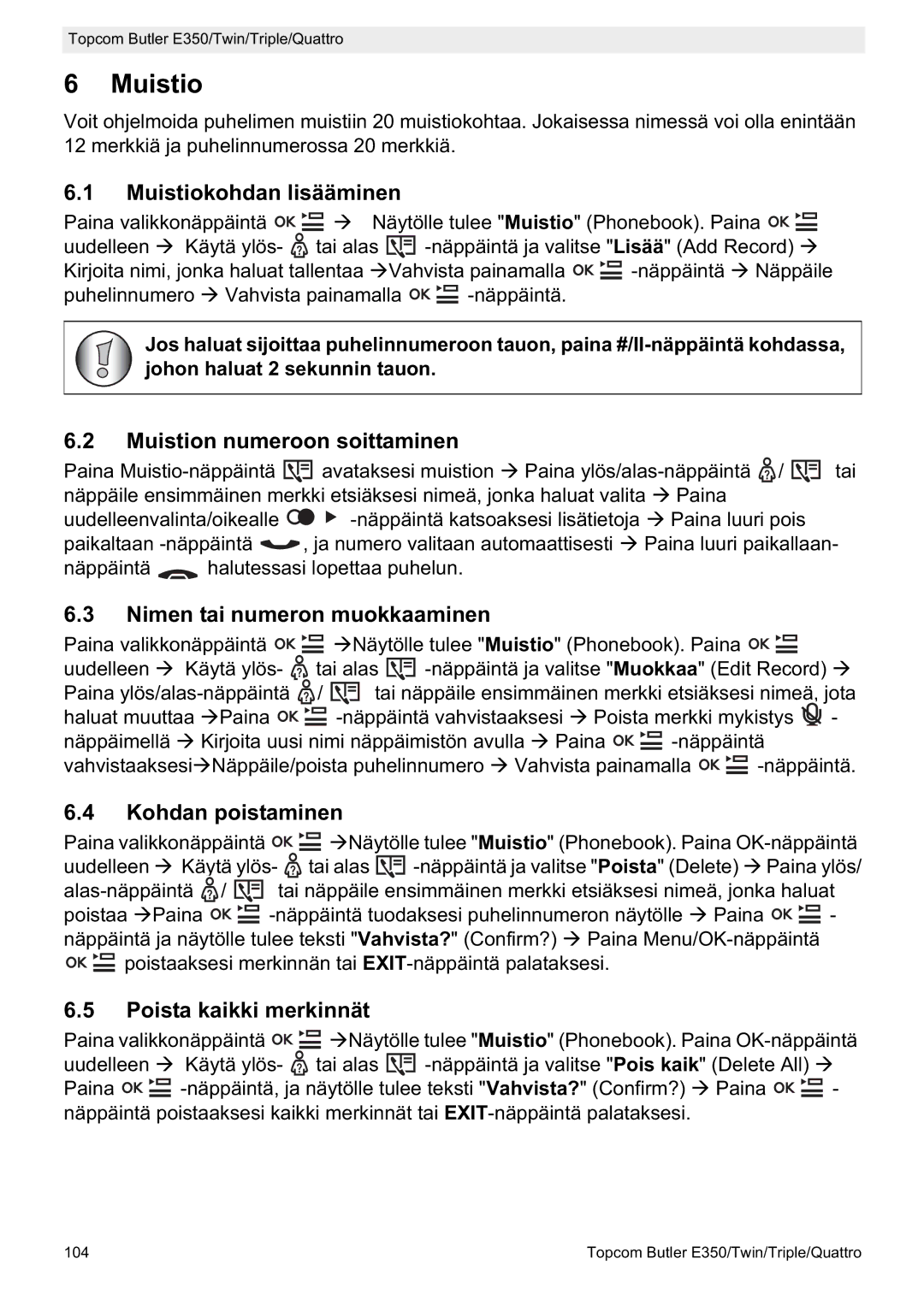 Topcom E350 manual Muistio 