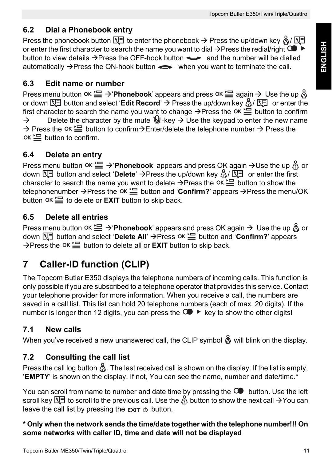 Topcom E350 manual Caller-ID function Clip 