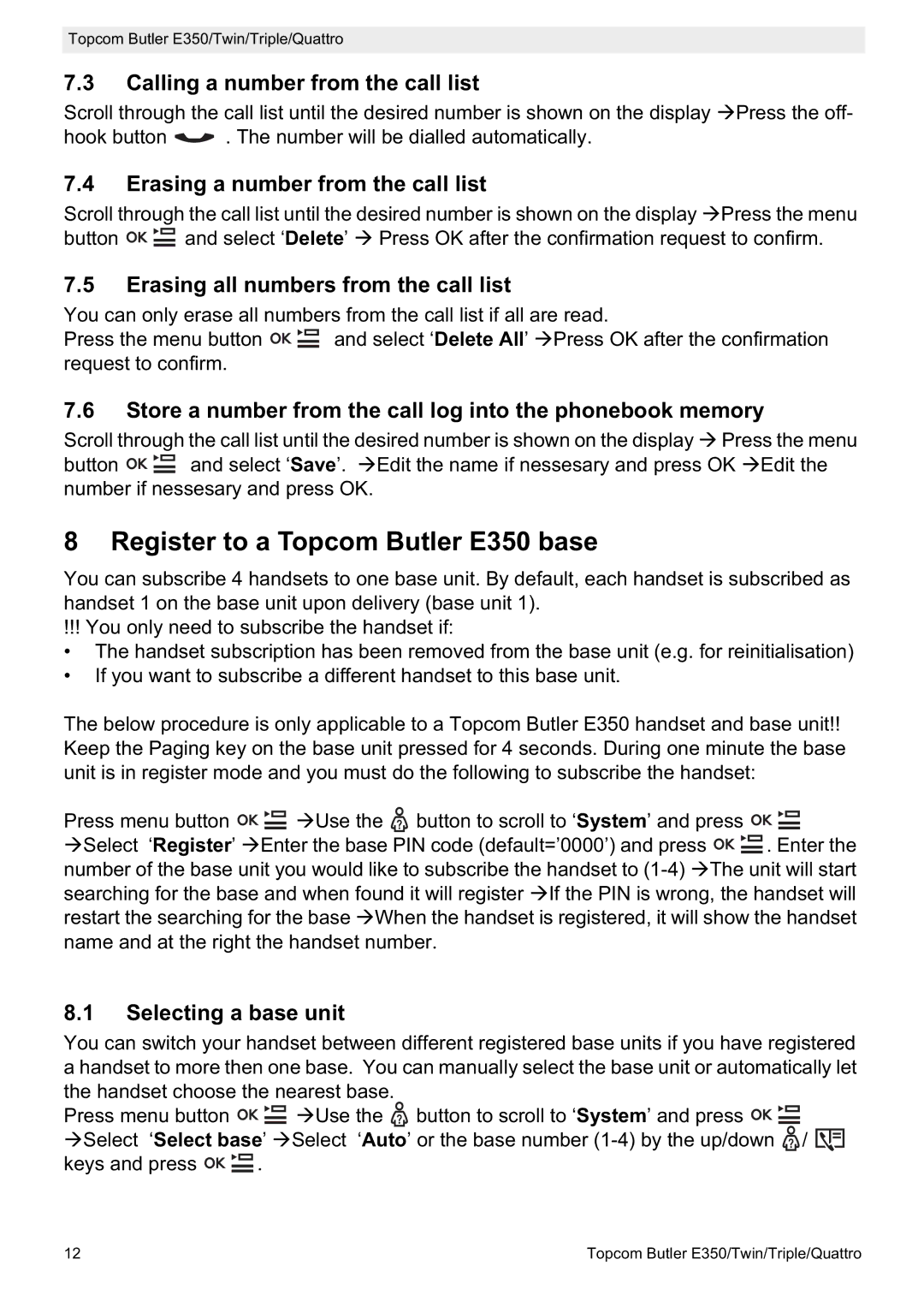 Topcom manual Register to a Topcom Butler E350 base 