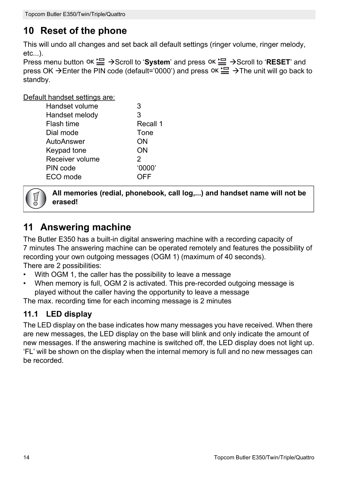 Topcom E350 manual Reset of the phone, Answering machine, LED display 