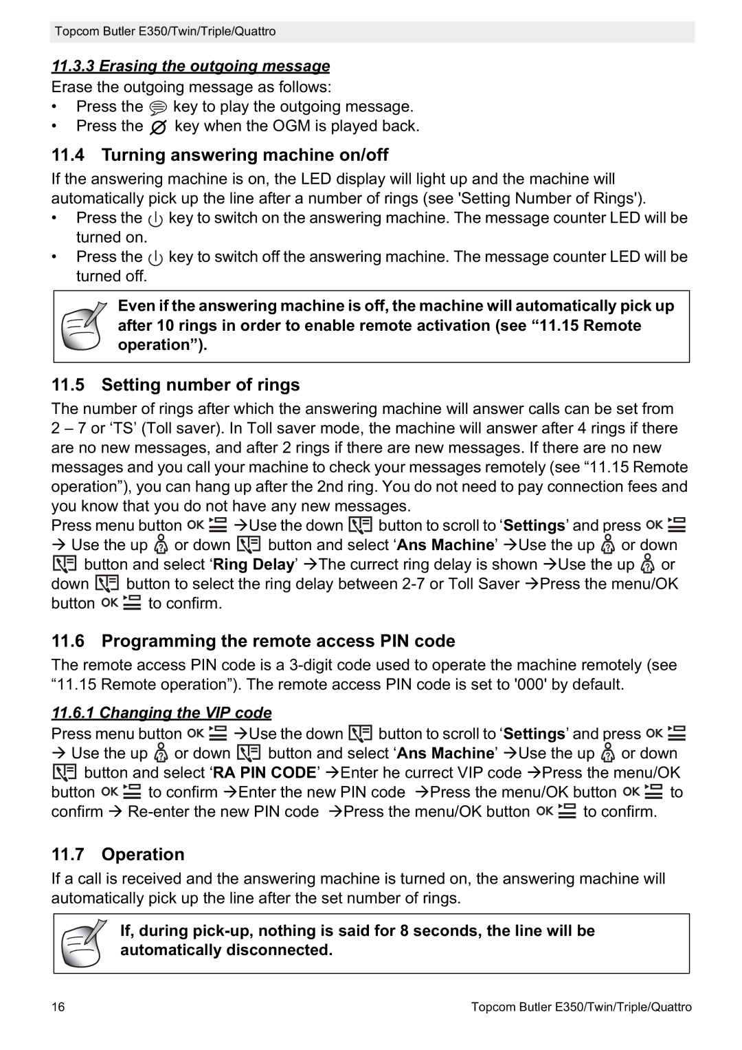 Topcom E350 Turning answering machine on/off, Setting number of rings, Programming the remote access PIN code, Operation 