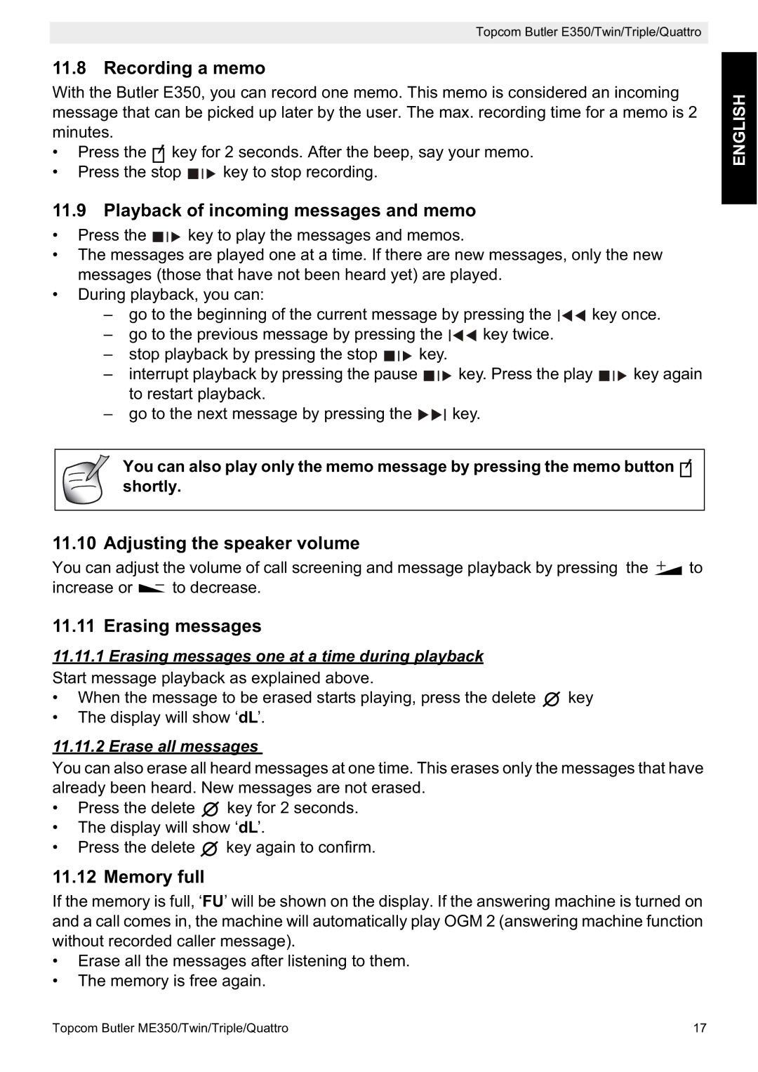 Topcom E350 manual Recording a memo, Playback of incoming messages and memo, Adjusting the speaker volume, Erasing messages 