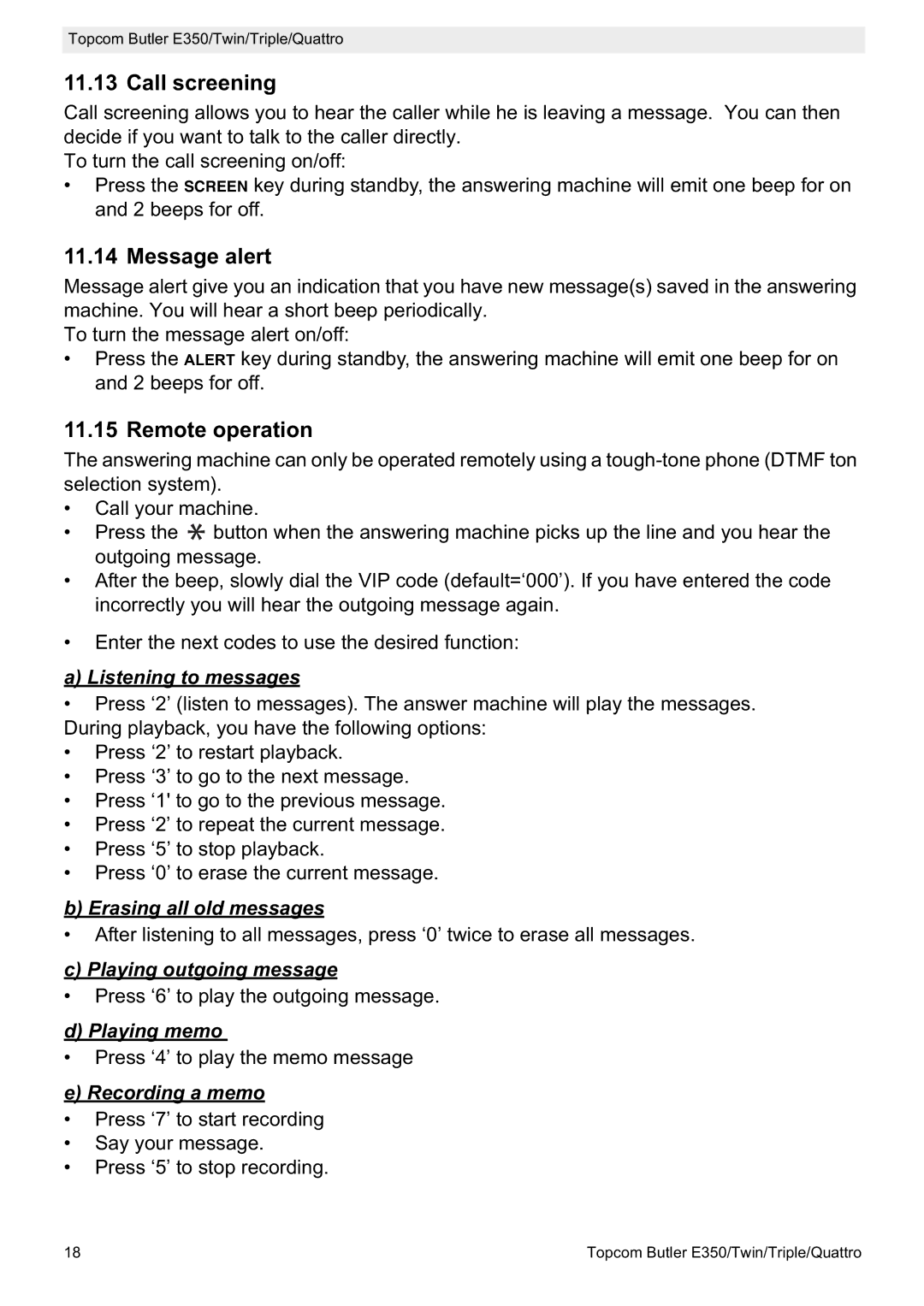 Topcom E350 manual Call screening, Message alert, Remote operation 