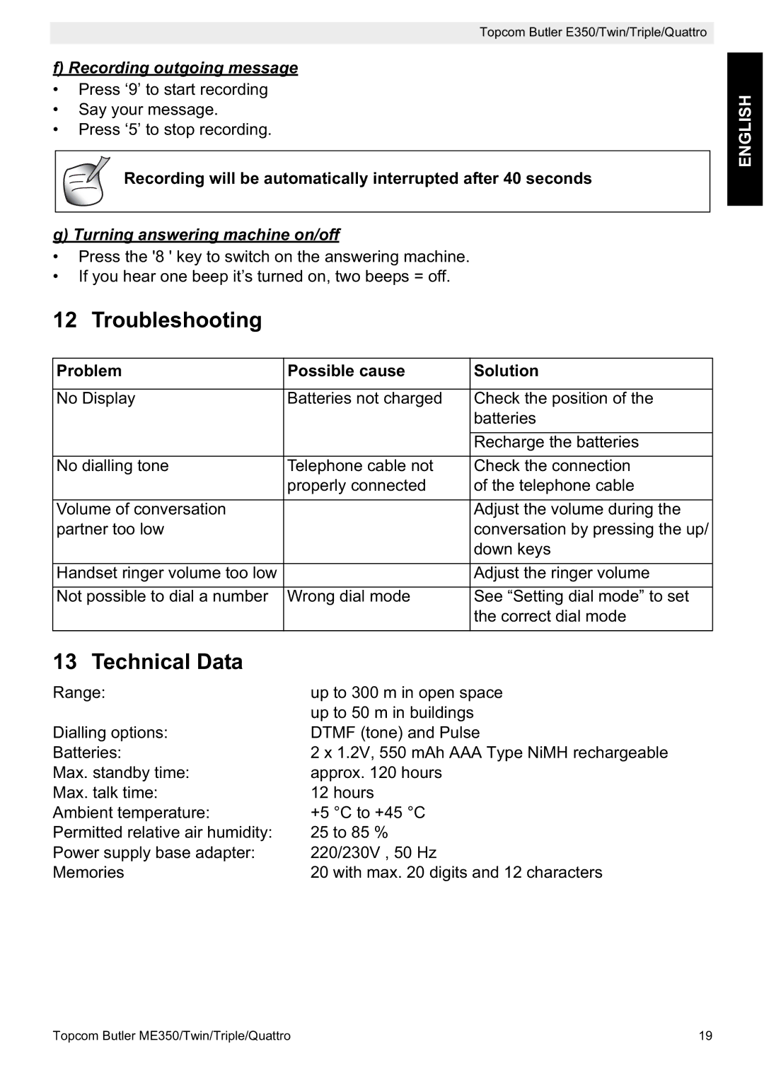 Topcom E350 manual Troubleshooting, Technical Data, Recording outgoing message, Turning answering machine on/off 