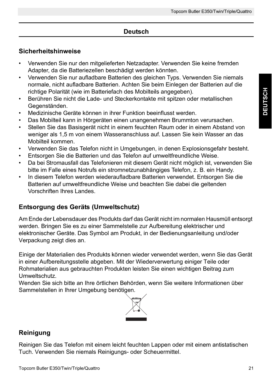 Topcom E350 manual Deutsch Sicherheitshinweise, Entsorgung des Geräts Umweltschutz, Reinigung 