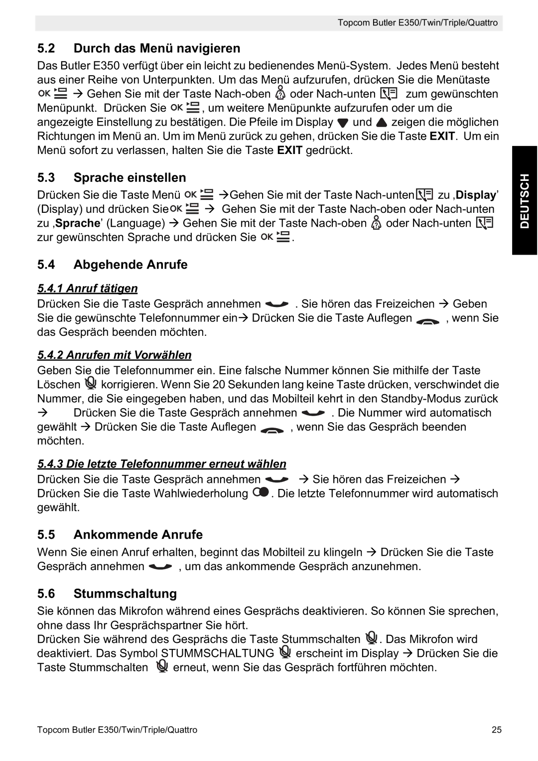 Topcom E350 manual Durch das Menü navigieren, Sprache einstellen, Abgehende Anrufe, Ankommende Anrufe, Stummschaltung 