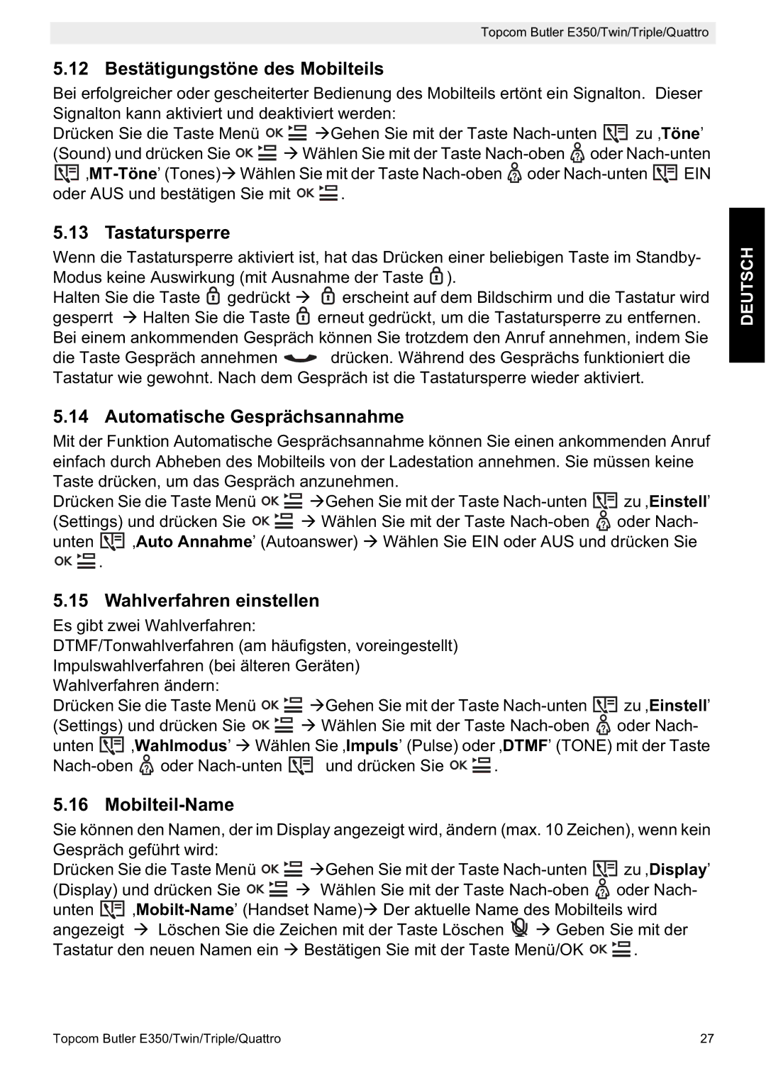 Topcom E350 manual Bestätigungstöne des Mobilteils, Tastatursperre, Automatische Gesprächsannahme, Wahlverfahren einstellen 