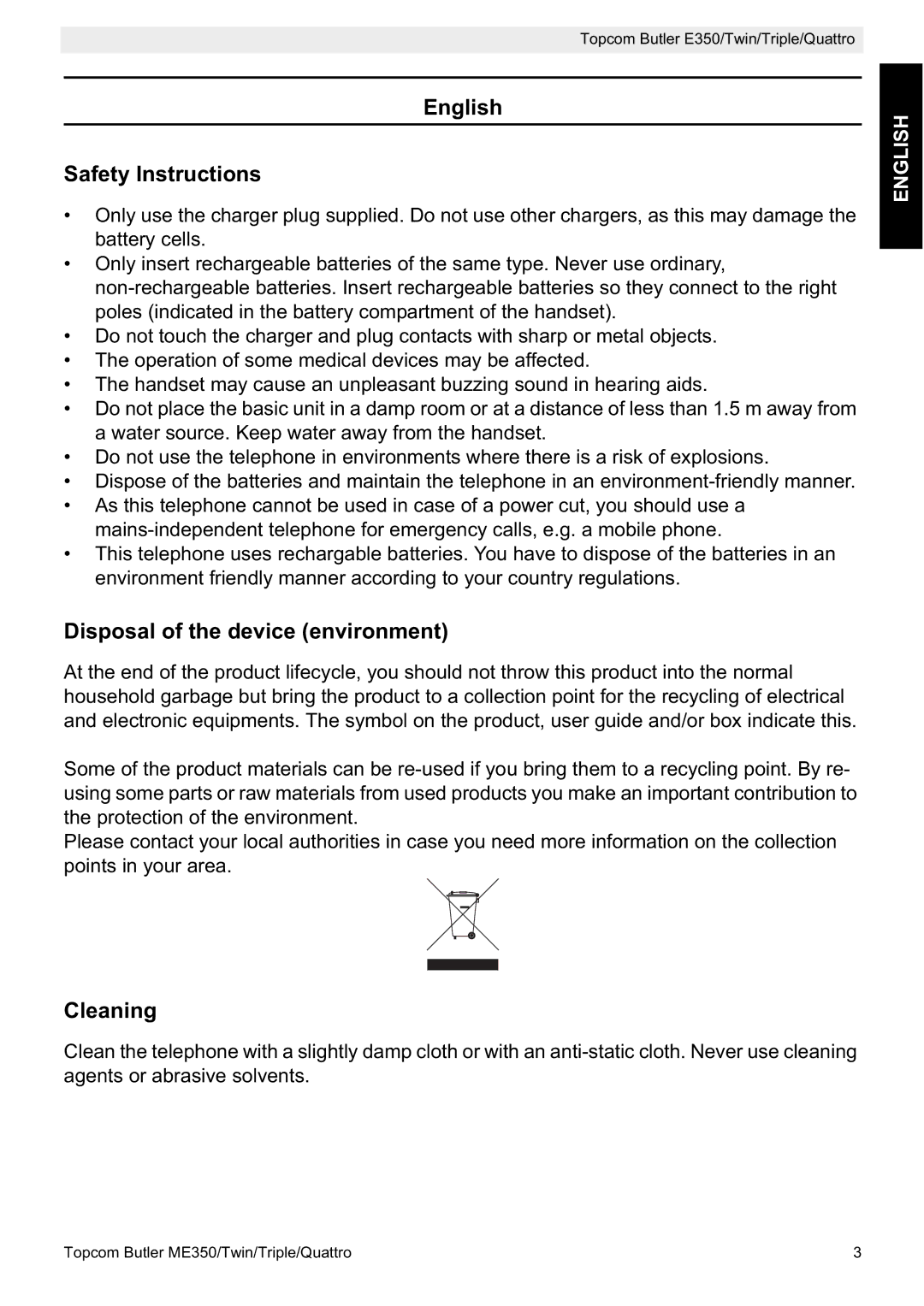 Topcom E350 manual English Safety Instructions, Disposal of the device environment, Cleaning 