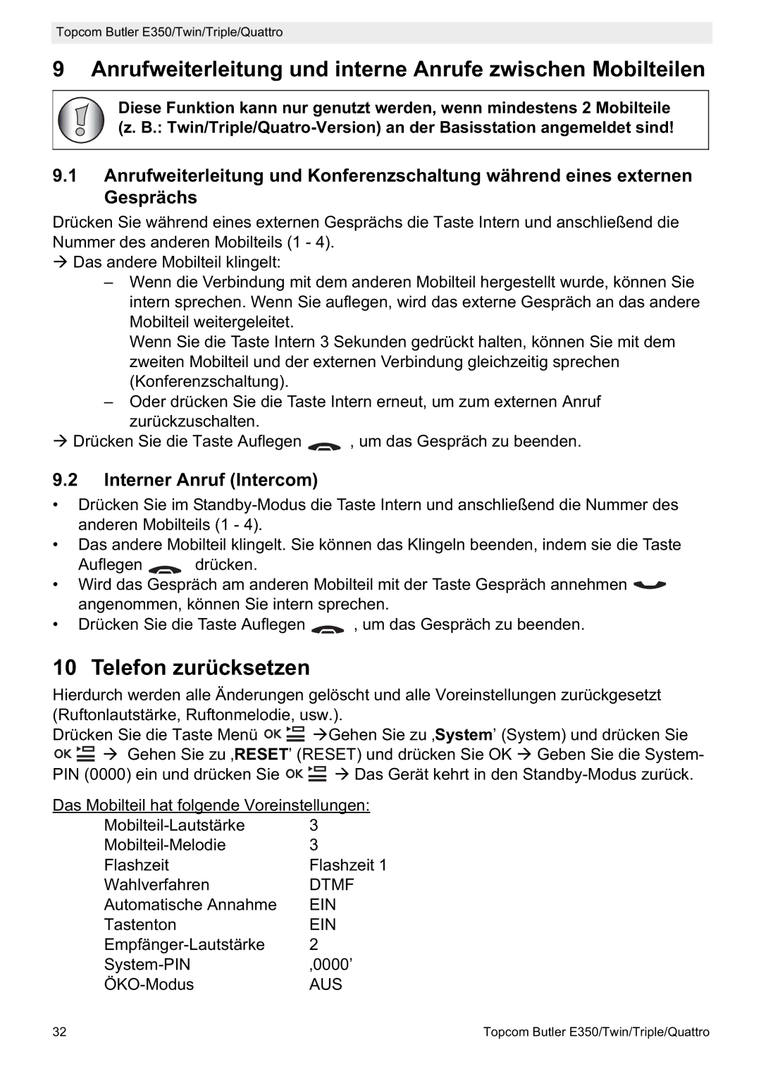 Topcom E350 Anrufweiterleitung und interne Anrufe zwischen Mobilteilen, Telefon zurücksetzen, Interner Anruf Intercom 