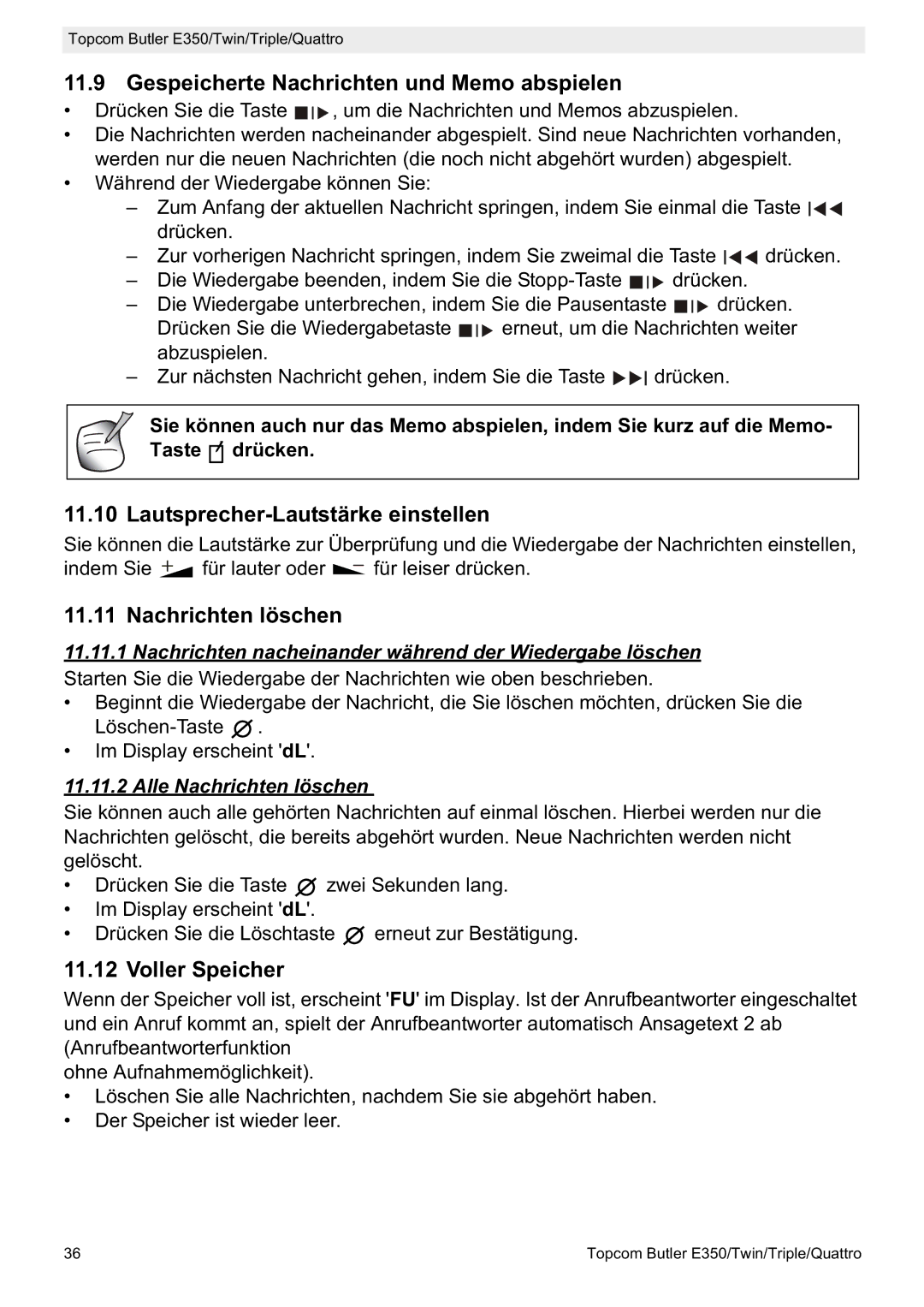 Topcom E350 manual Gespeicherte Nachrichten und Memo abspielen, Lautsprecher-Lautstärke einstellen, Nachrichten löschen 