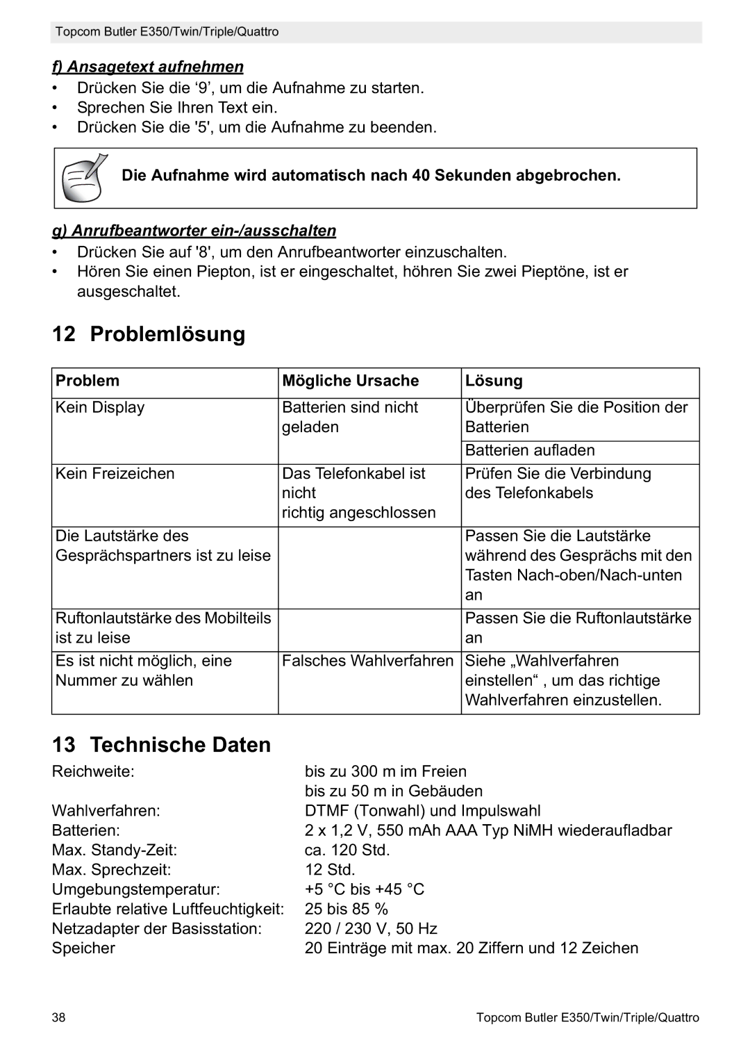 Topcom E350 manual Problemlösung, Ansagetext aufnehmen, Die Aufnahme wird automatisch nach 40 Sekunden abgebrochen 