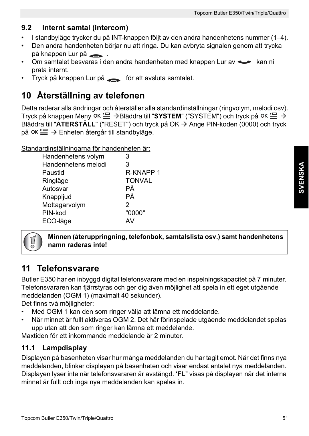 Topcom E350 manual 10 Återställning av telefonen, Telefonsvarare, Internt samtal intercom, Lampdisplay 