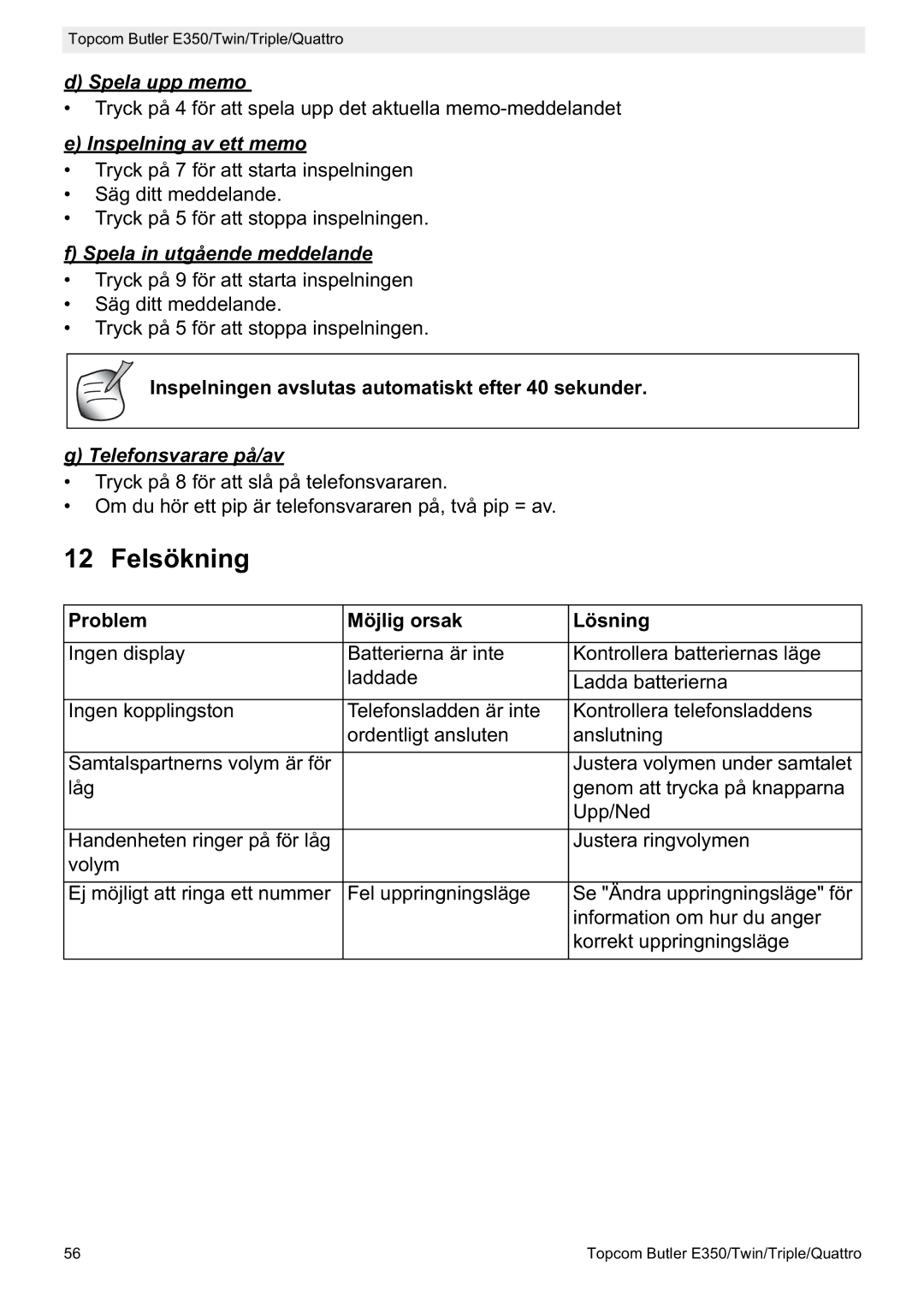 Topcom E350 manual Felsökning, Spela upp memo, Inspelning av ett memo, Spela in utgående meddelande, Telefonsvarare på/av 