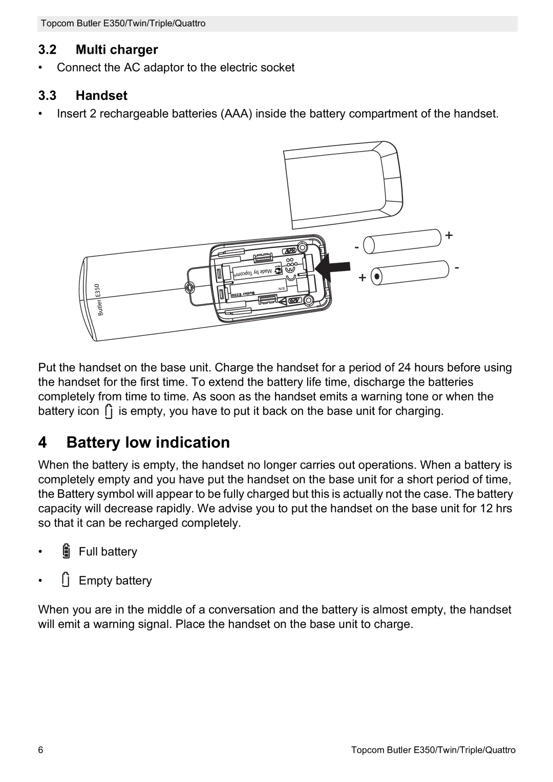 Topcom E350 manual Battery low indication, Multi charger 