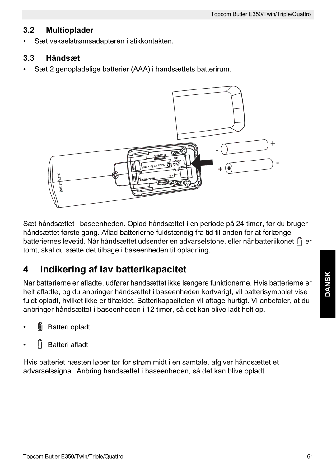 Topcom E350 manual Indikering af lav batterikapacitet, Multioplader, Håndsæt 