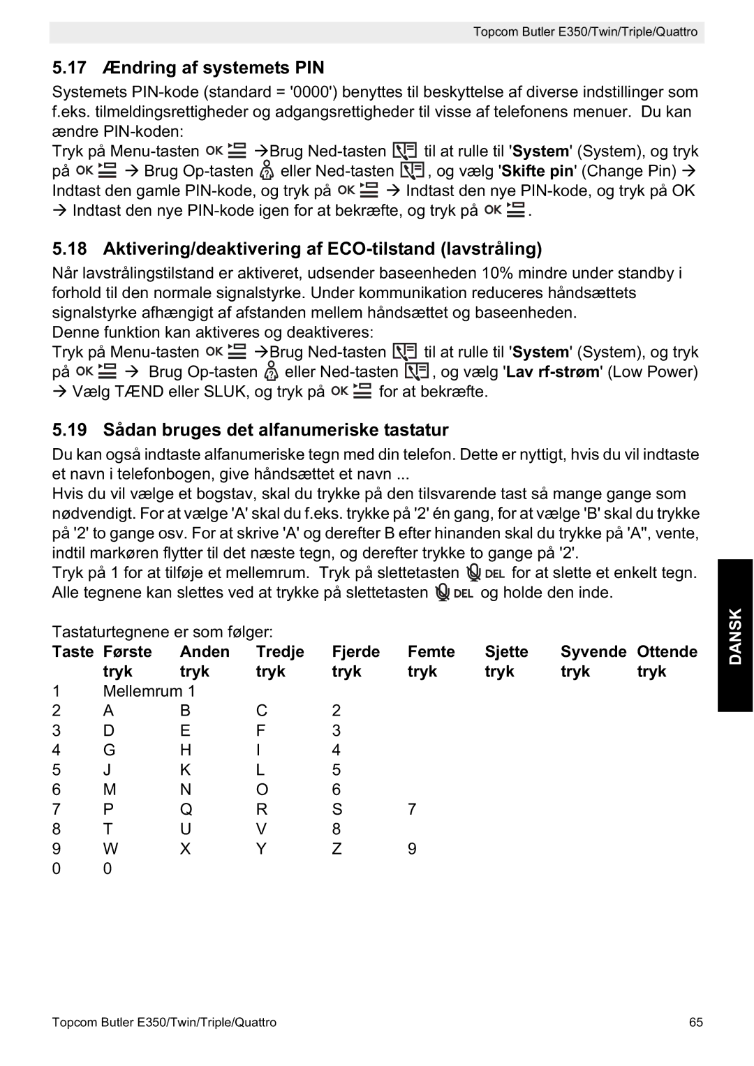 Topcom E350 manual 17 Ændring af systemets PIN, Aktivering/deaktivering af ECO-tilstand lavstråling 