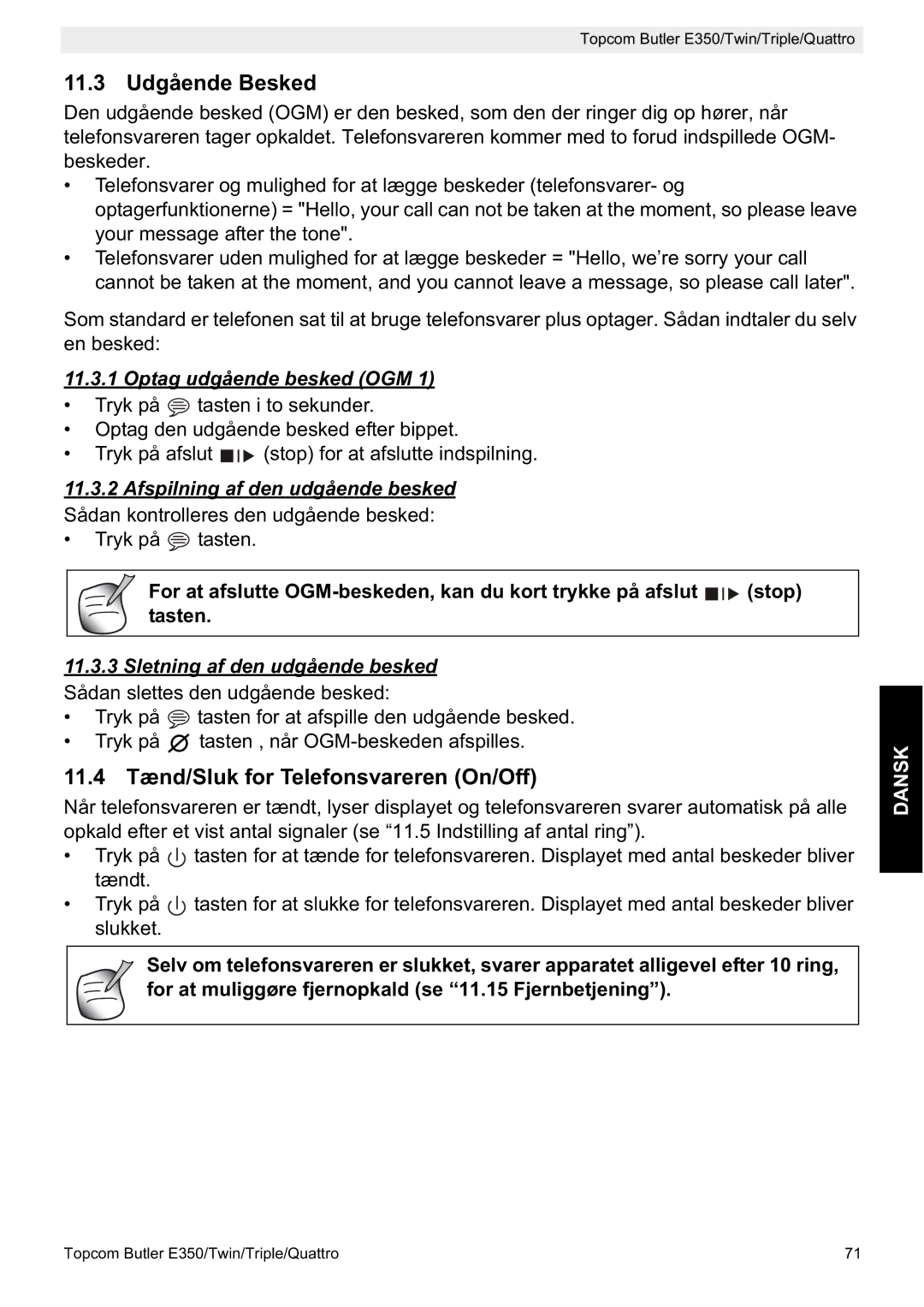 Topcom E350 manual 11.3 Udgående Besked, 11.4 Tænd/Sluk for Telefonsvareren On/Off, Optag udgående besked OGM 