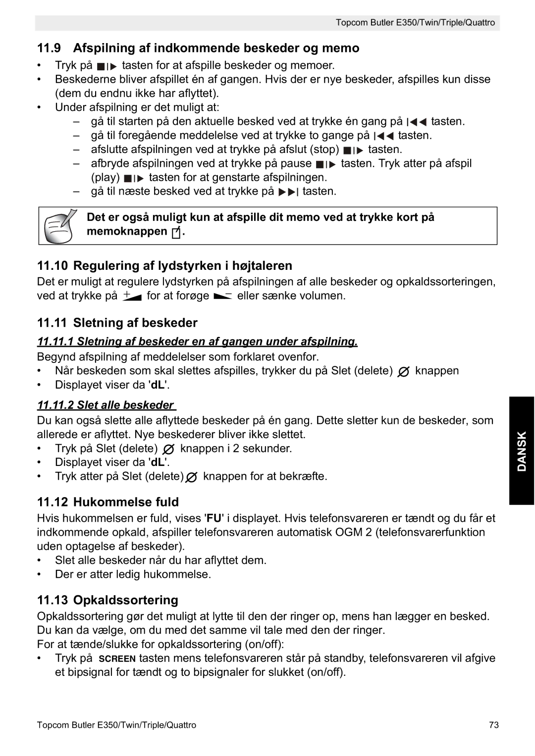 Topcom E350 manual Afspilning af indkommende beskeder og memo, Regulering af lydstyrken i højtaleren, Sletning af beskeder 