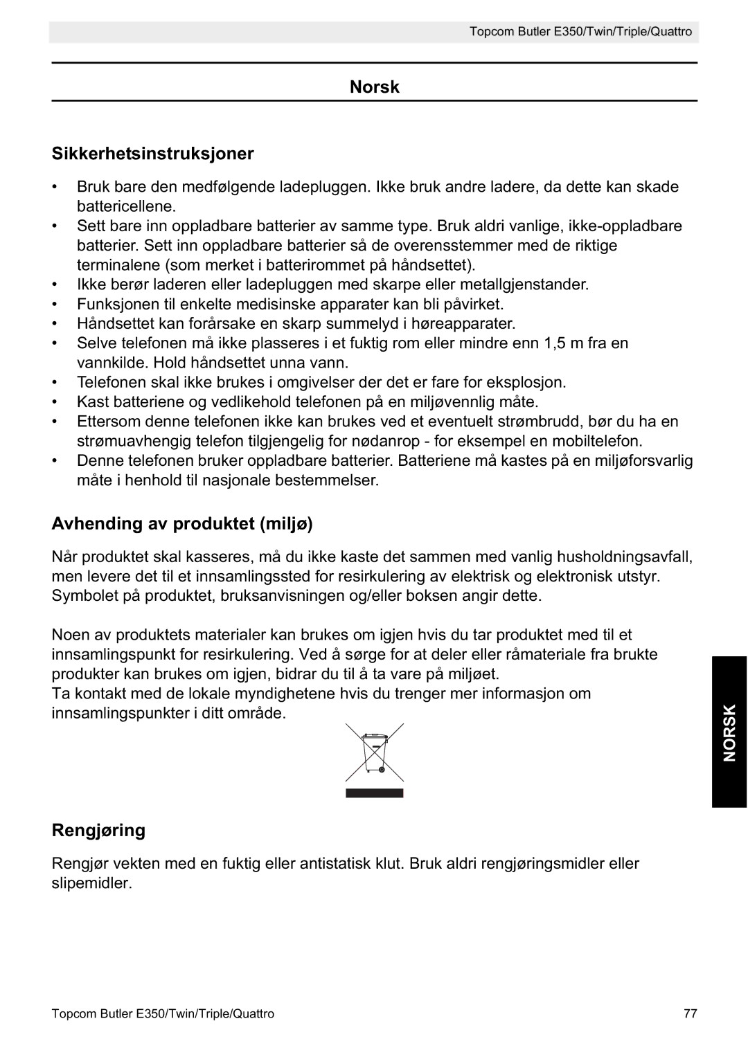 Topcom E350 manual Norsk Sikkerhetsinstruksjoner, Avhending av produktet miljø, Rengjøring 