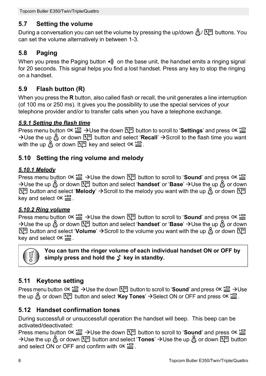 Topcom E350 manual Setting the volume, Paging, Flash button R, Setting the ring volume and melody, Keytone setting 