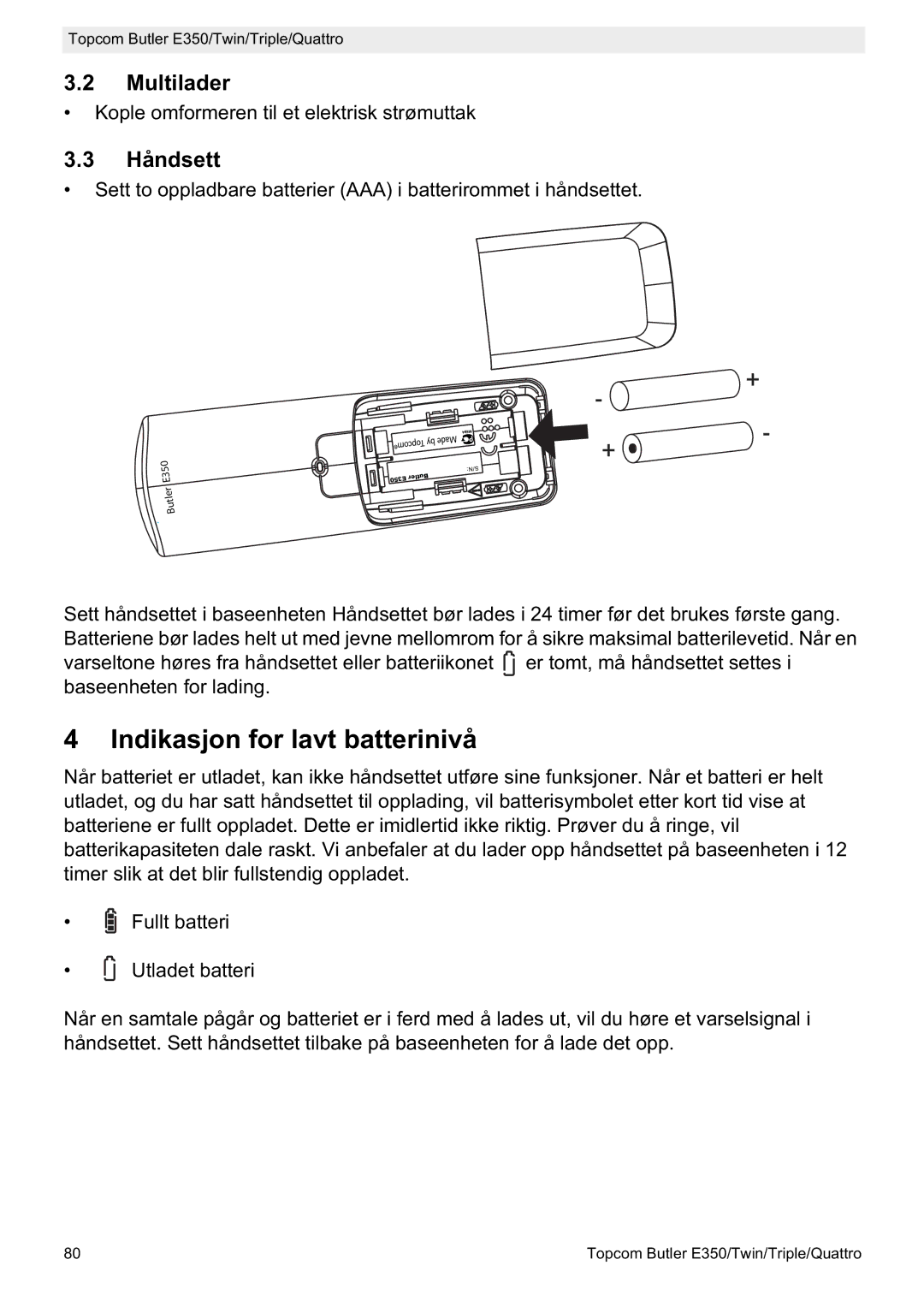 Topcom E350 manual Indikasjon for lavt batterinivå, Multilader, Håndsett 