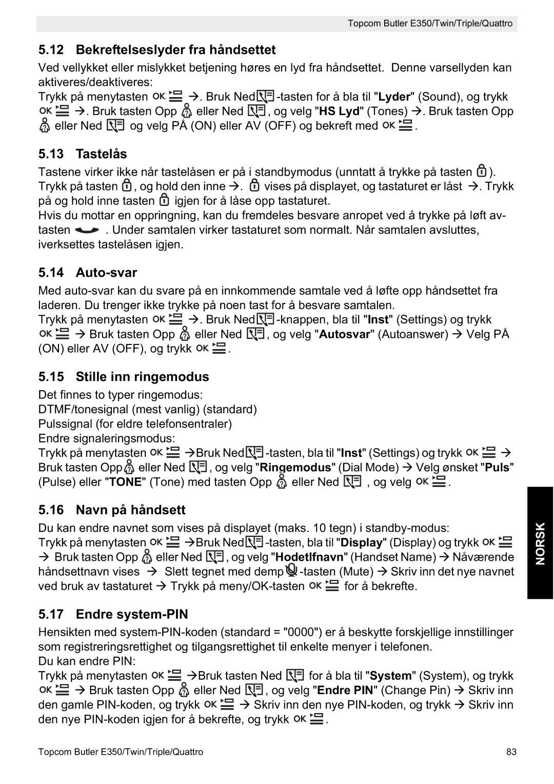 Topcom E350 manual Bekreftelseslyder fra håndsettet, Tastelås, Auto-svar, Stille inn ringemodus, Navn på håndsett 