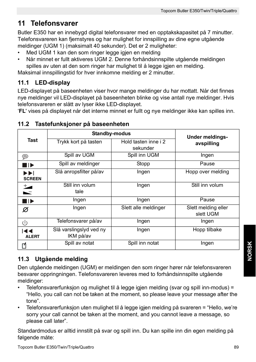 Topcom E350 manual Tastefunksjoner på baseenheten, 11.3 Utgående melding 