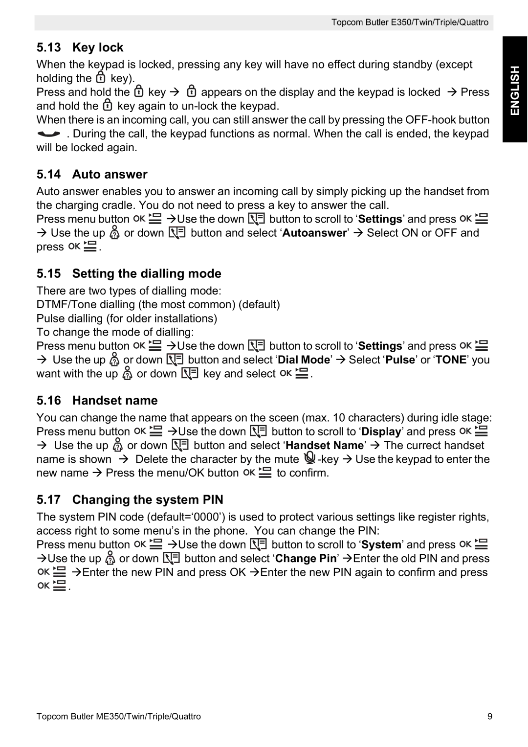 Topcom E350 manual Key lock, Auto answer, Setting the dialling mode, Handset name, Changing the system PIN 