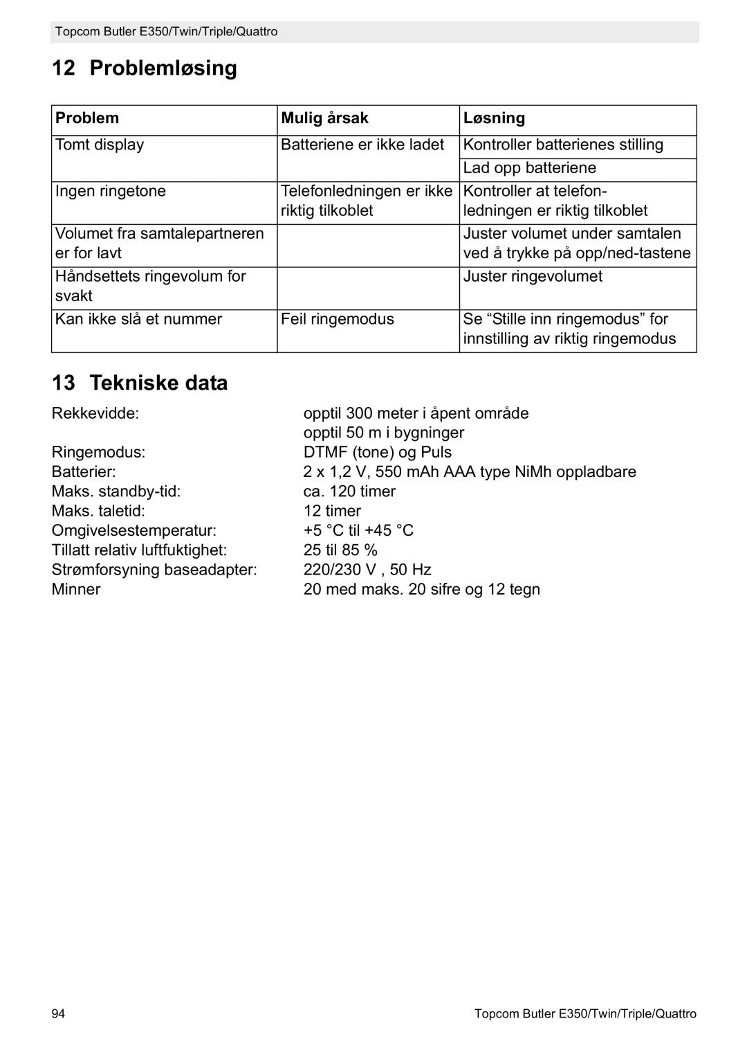 Topcom E350 manual Problemløsing, Problem Mulig årsak Løsning 