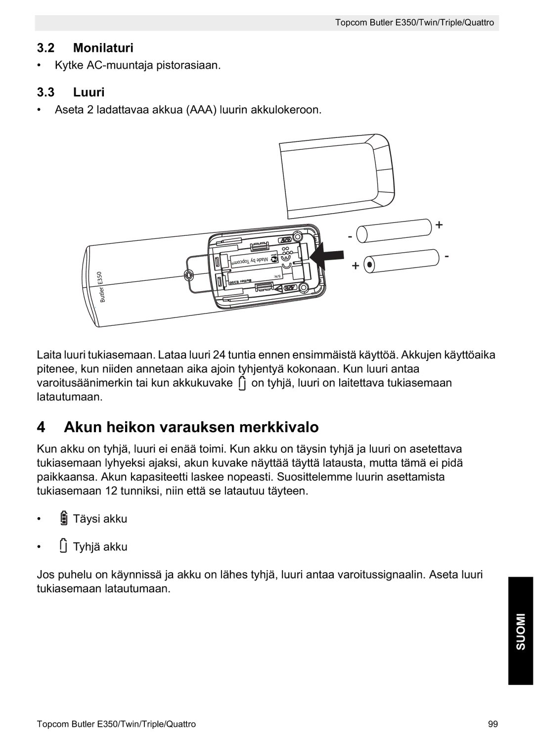 Topcom E350 manual Akun heikon varauksen merkkivalo, Monilaturi, Luuri 