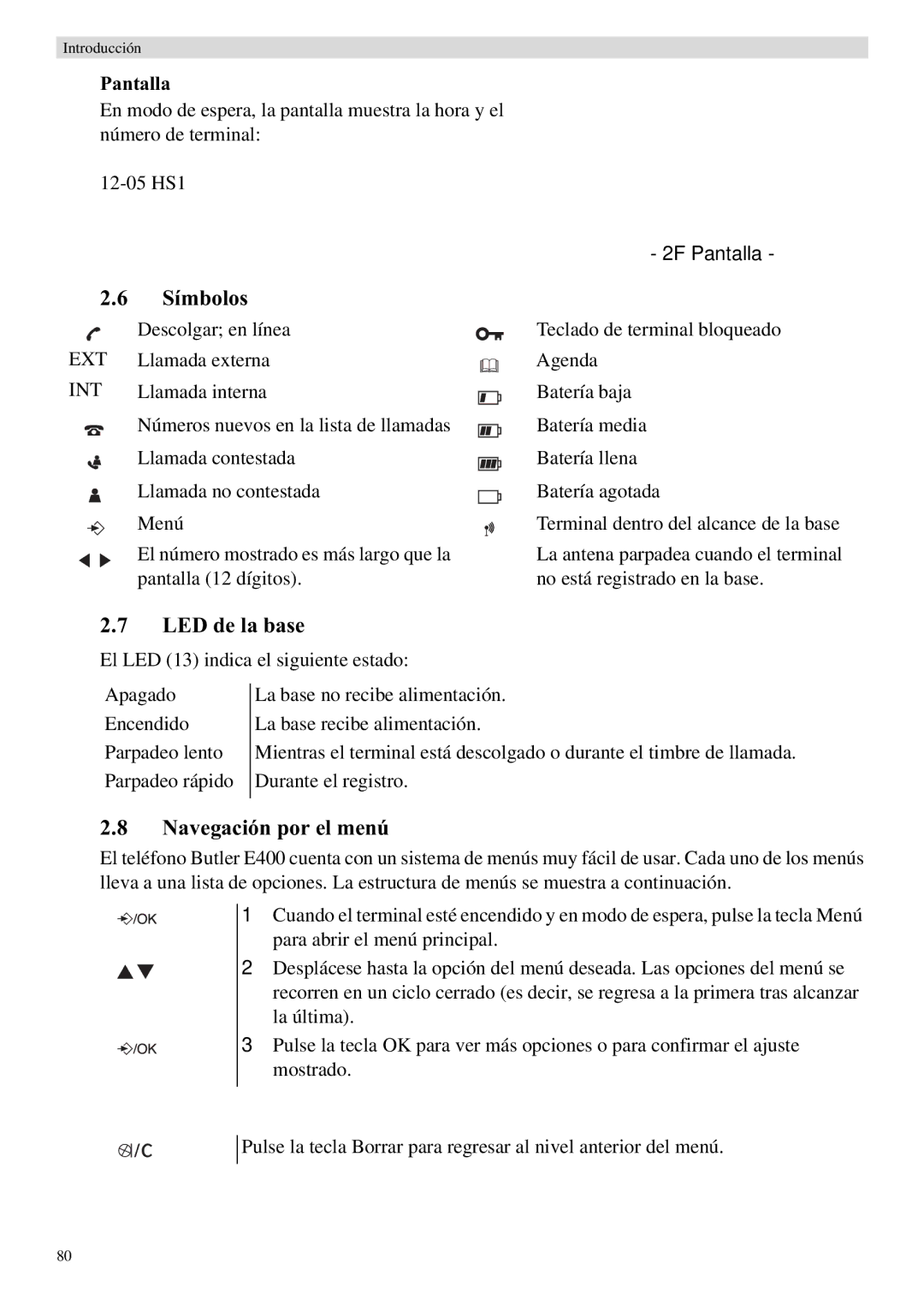 Topcom E400 manual Símbolos, Navegación por el menú, Pantalla 