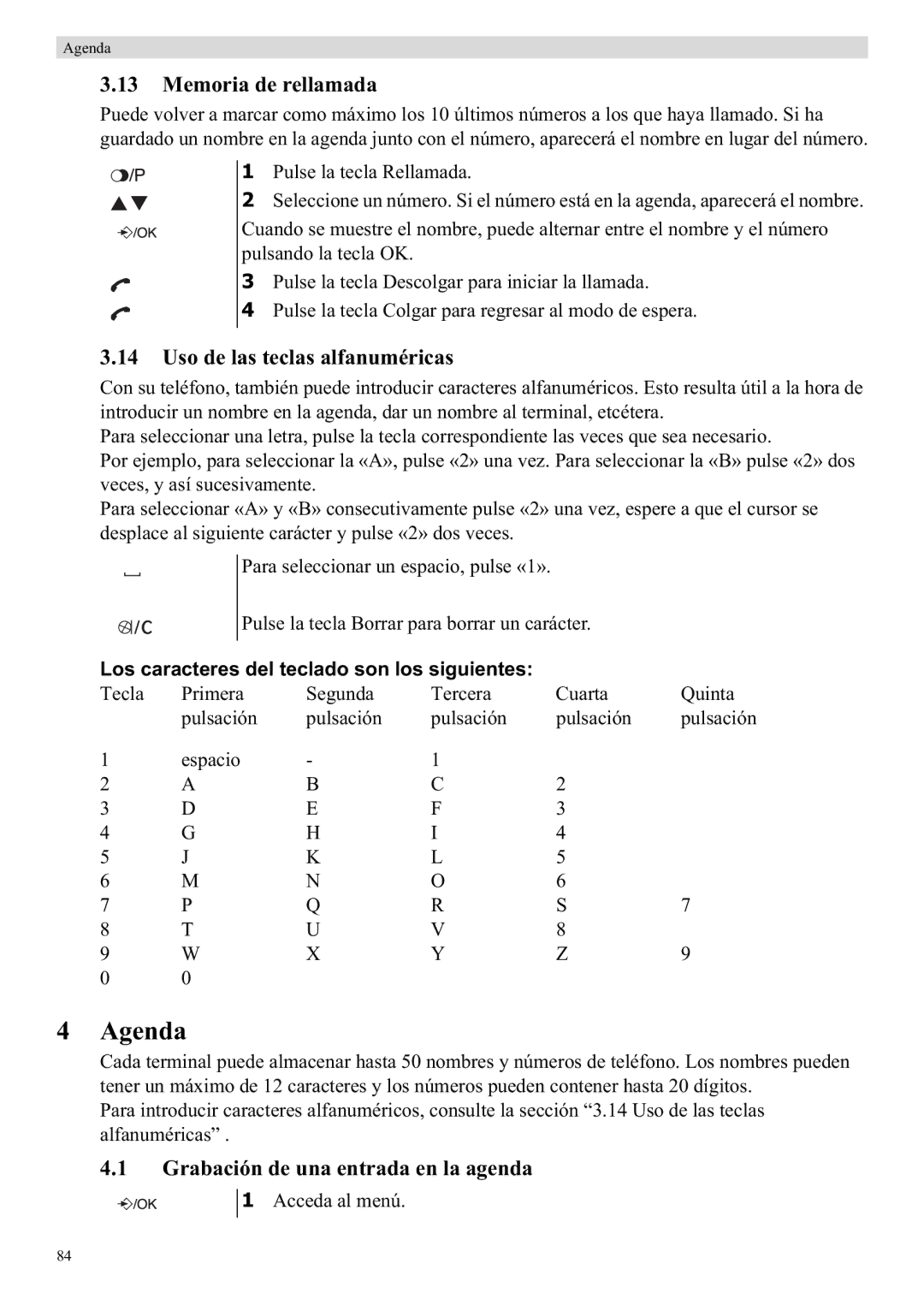 Topcom E400 manual Agenda, Memoria de rellamada, Uso de las teclas alfanuméricas, Grabación de una entrada en la agenda 