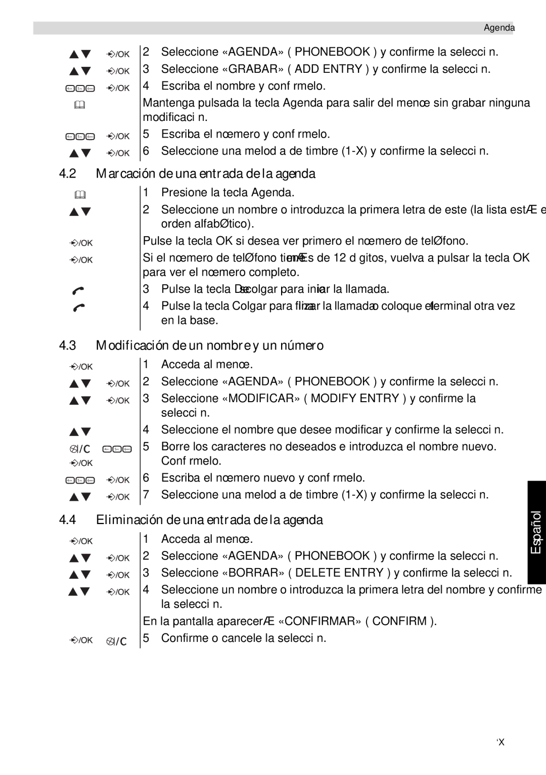 Topcom E400 manual Marcación de una entrada de la agenda, Modificación de un nombre y un número 