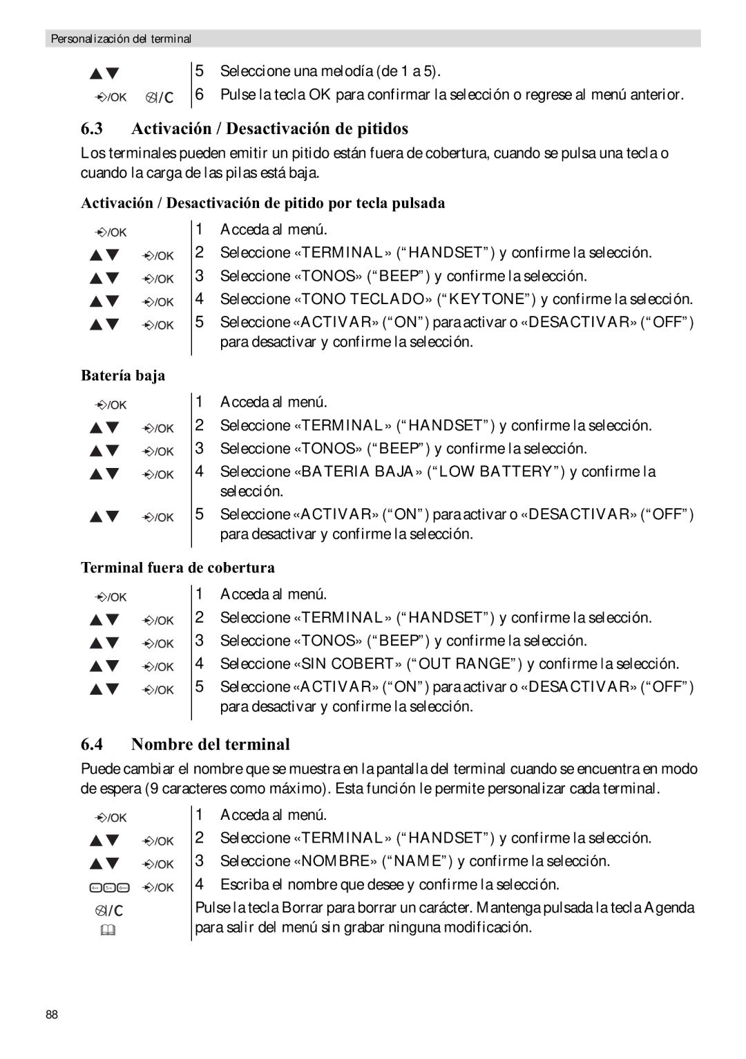 Topcom E400 manual Activación / Desactivación de pitidos, Nombre del terminal, Batería baja, Terminal fuera de cobertura 