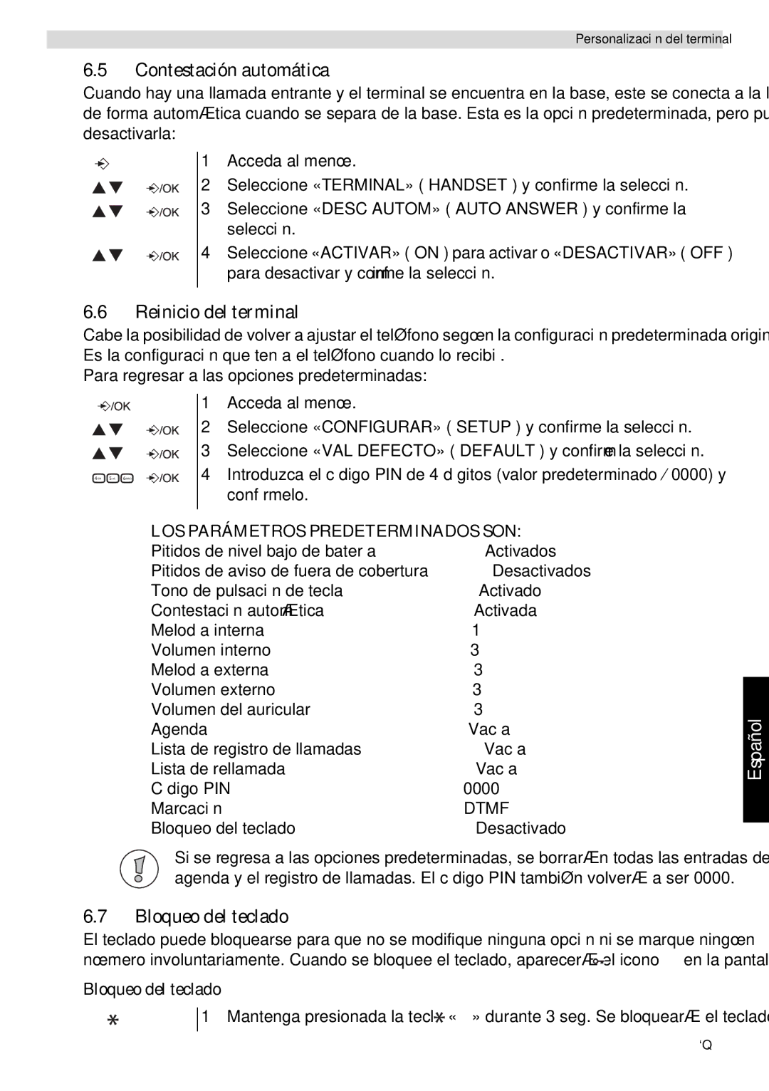 Topcom E400 manual Contestación automática, Reinicio del terminal, Bloqueo del teclado 