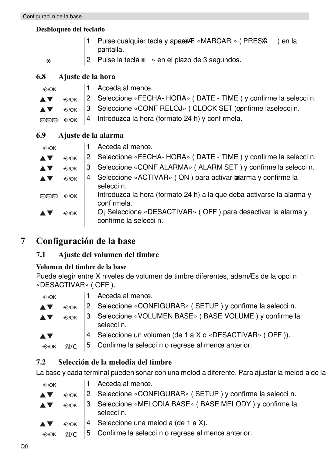 Topcom E400 manual Configuración de la base, Ajuste de la hora, Ajuste de la alarma, Desbloqueo del teclado 