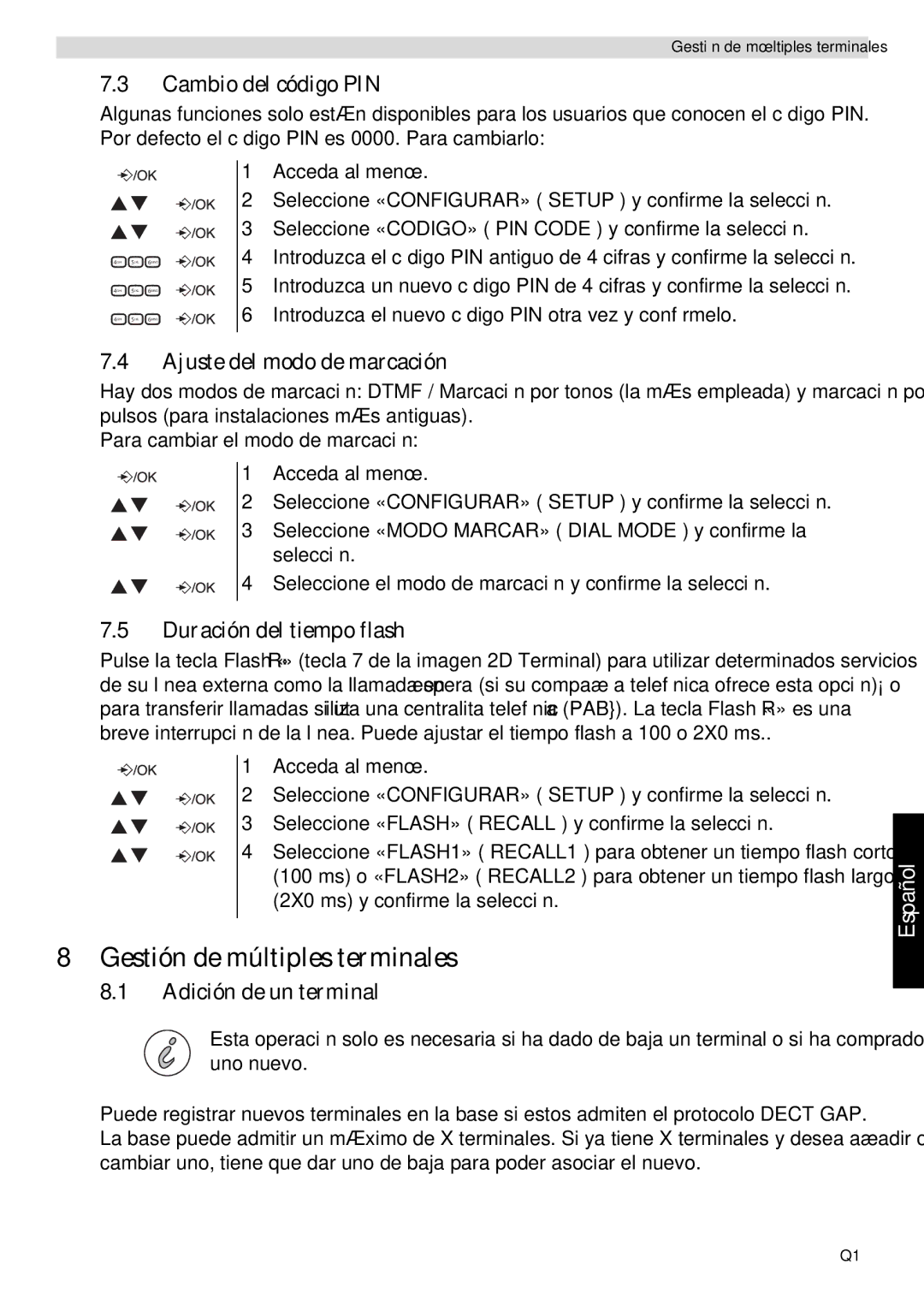 Topcom E400 Gestión de múltiples terminales, Cambio del código PIN, Ajuste del modo de marcación, Adición de un terminal 