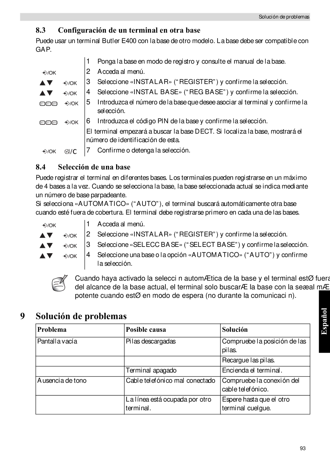 Topcom E400 manual Solución de problemas, Configuración de un terminal en otra base, Selección de una base 