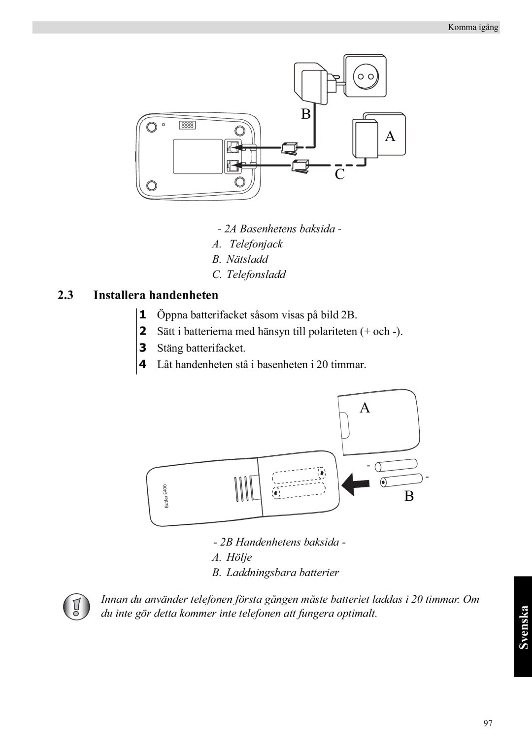 Topcom E400 manual Installera handenheten 