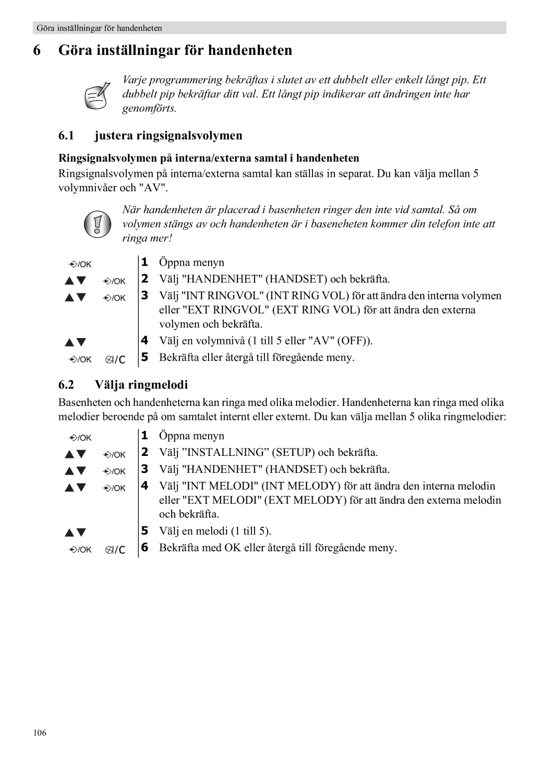 Topcom E400 manual Göra inställningar för handenheten, Justera ringsignalsvolymen, Välja ringmelodi 