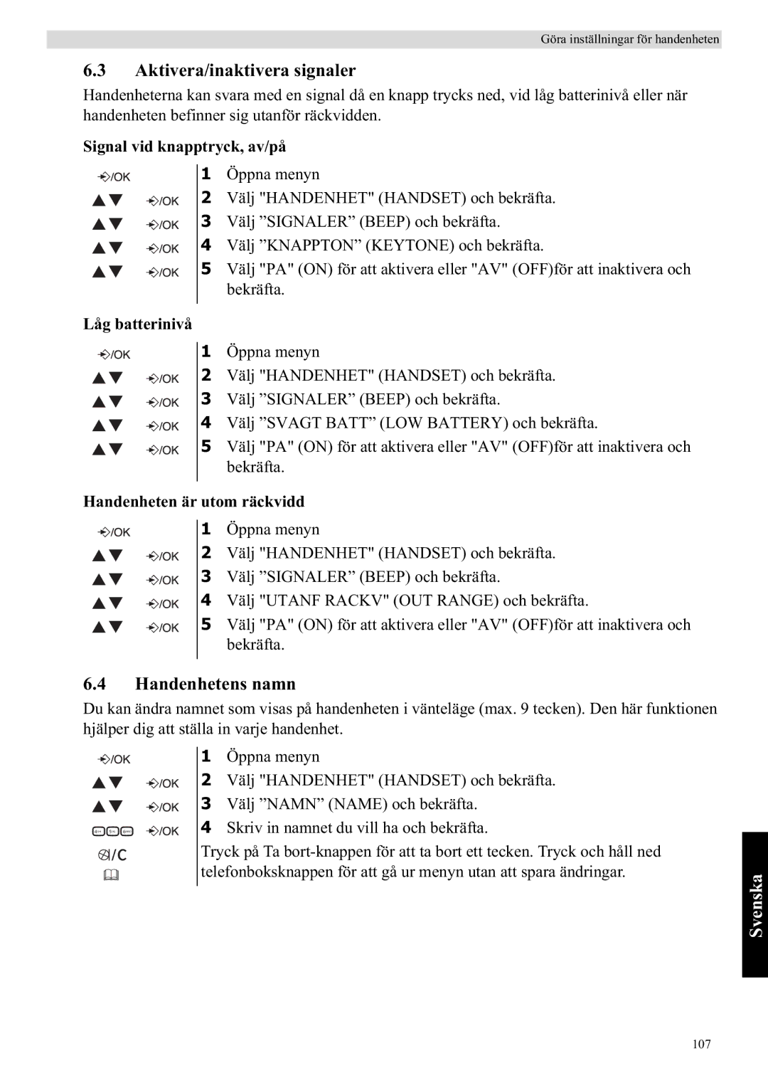 Topcom E400 manual Aktivera/inaktivera signaler, Handenhetens namn, Signal vid knapptryck, av/på, Låg batterinivå 