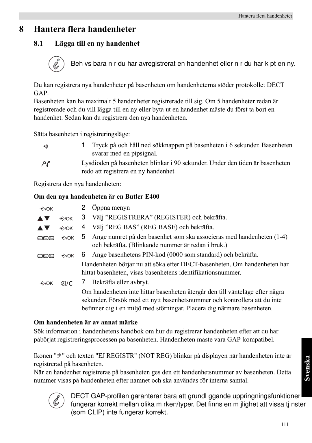 Topcom manual Hantera flera handenheter, Lägga till en ny handenhet, Om den nya handenheten är en Butler E400 