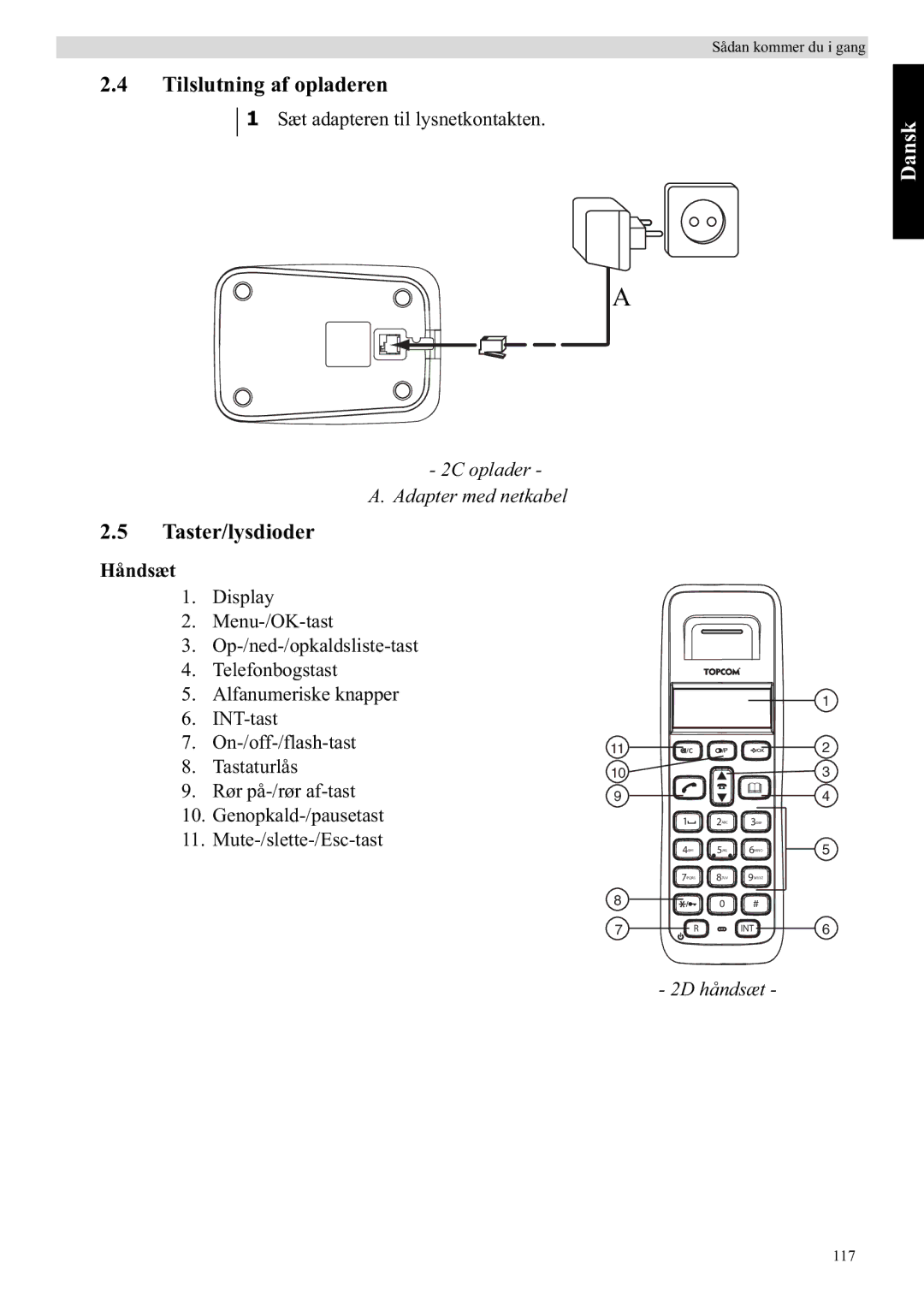 Topcom E400 manual Tilslutning af opladeren, Taster/lysdioder, Håndsæt 