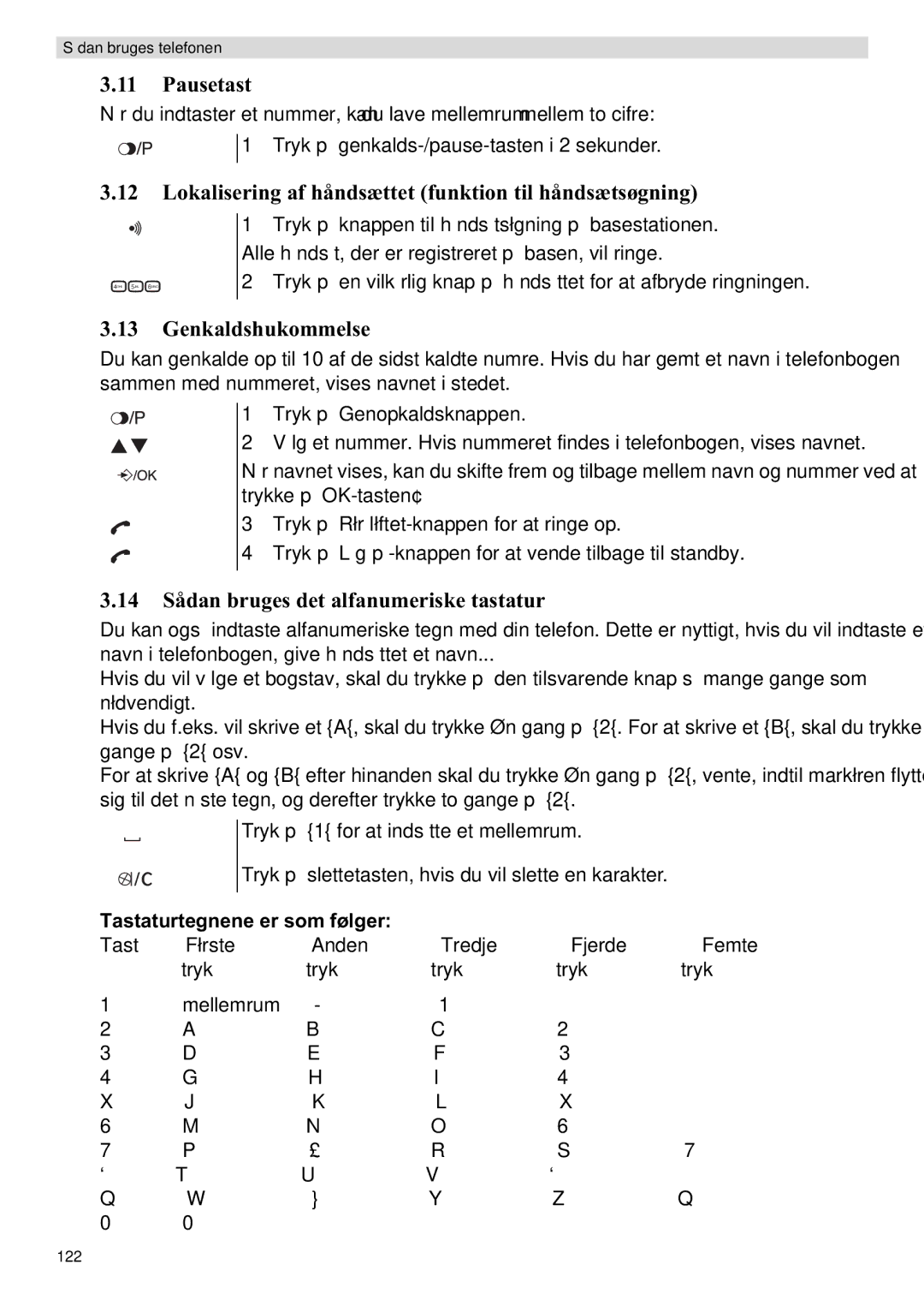 Topcom E400 manual Pausetast, Lokalisering af håndsættet funktion til håndsætsøgning, Genkaldshukommelse 