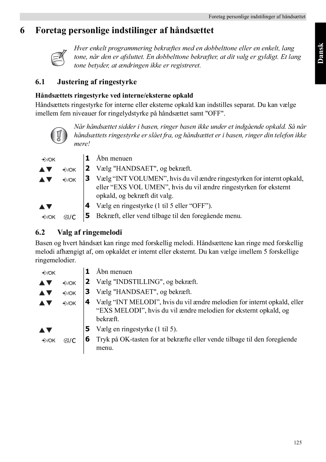 Topcom E400 manual Foretag personlige indstilinger af håndsættet, Justering af ringestyrke, Valg af ringemelodi 