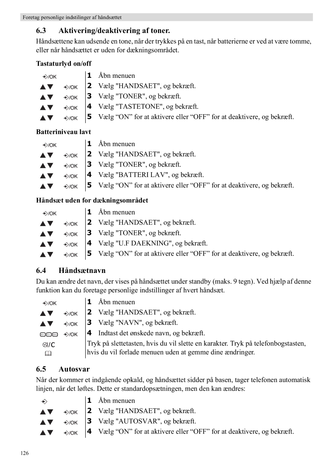 Topcom E400 manual Aktivering/deaktivering af toner, Håndsætnavn, Tastaturlyd on/off, Batteriniveau lavt 