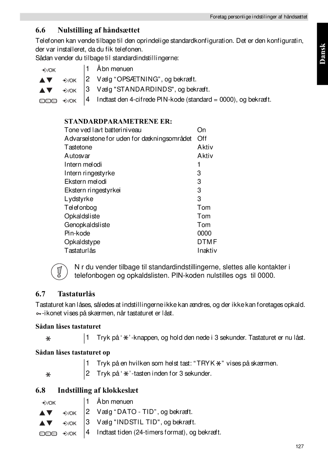 Topcom E400 manual Nulstilling af håndsættet, Tastaturlås, Indstilling af klokkeslæt 