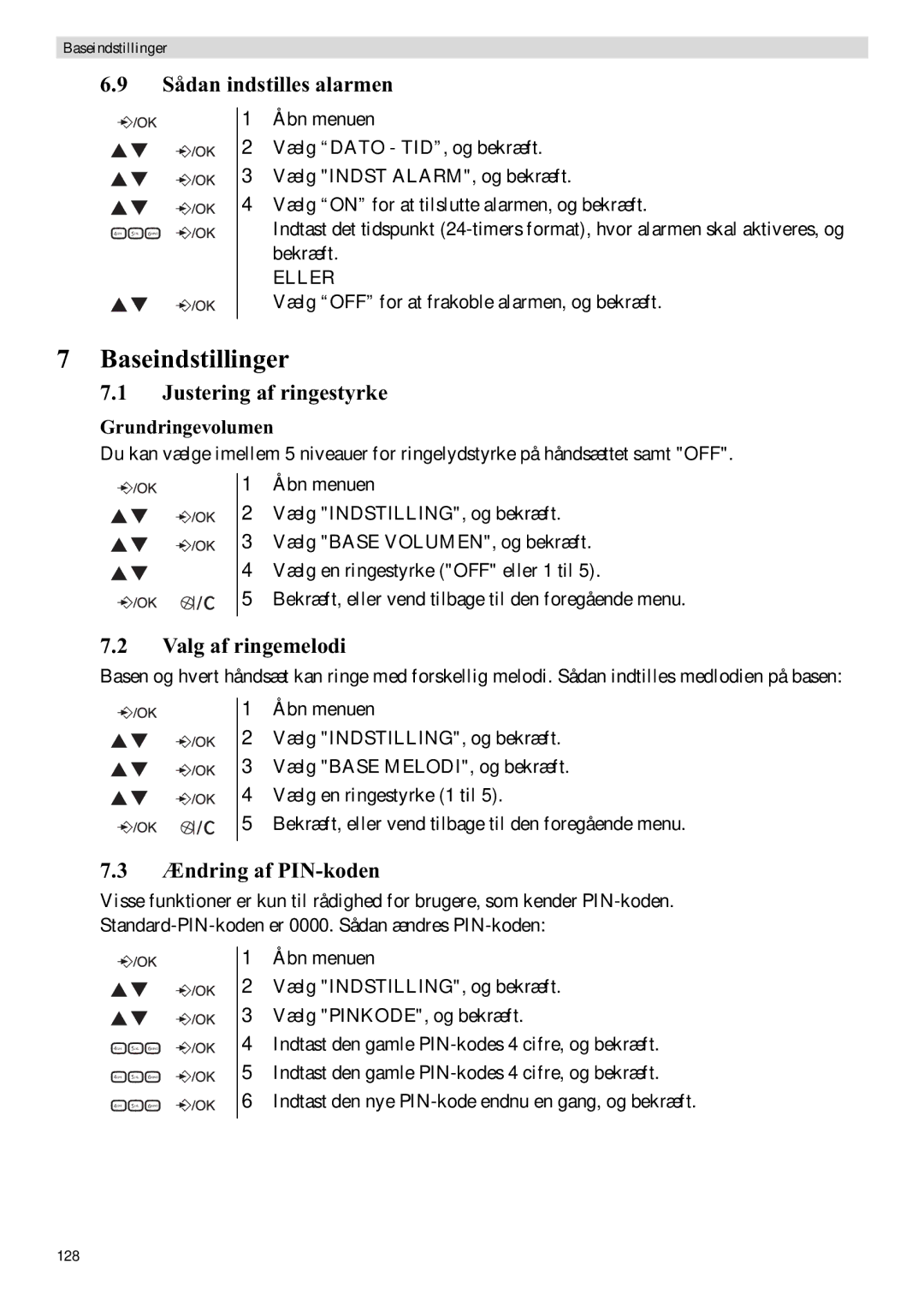 Topcom E400 manual Baseindstillinger, Sådan indstilles alarmen, Ændring af PIN-koden, Grundringevolumen 